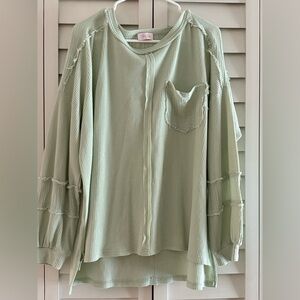Pink Lily Mint Green Ribbed Long Balloon Sleeve Top w/ Reverse Seams Size Large